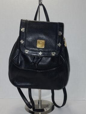 MCM Black Leather Logo-Stud Drawstring Backpack